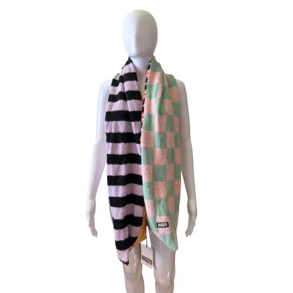 Ragged Priest Fuzzy Patchwork Scarf Multicolor Striped Checkered NWT